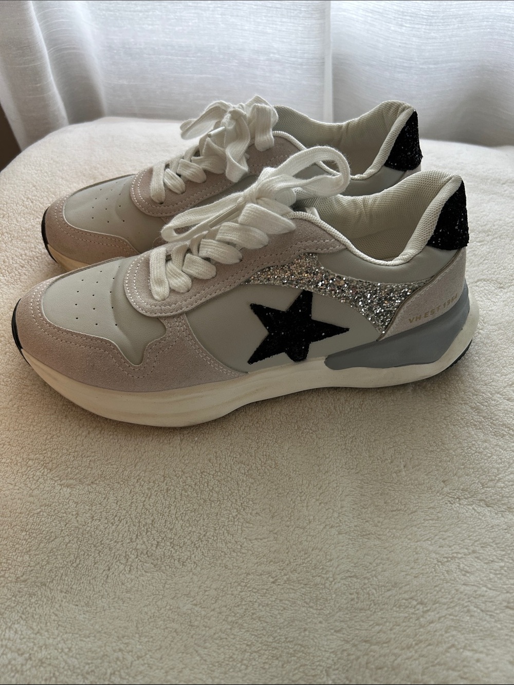 Vince White Sneakers with Black Star & Silver Glitter Heel